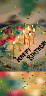 Colorful birthday cake with flowers and candles.