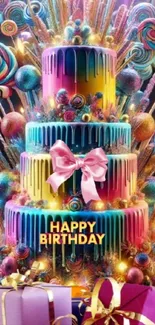Vibrant and colorful birthday cake wallpaper with rainbow colors and candy.