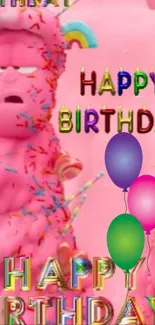 Vibrant pink birthday wallpaper with colorful balloons and confetti.