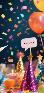Vibrant birthday party scene with colorful decorations and balloons.