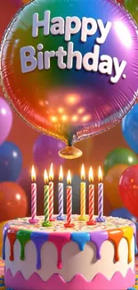 Colorful birthday cake with vibrant balloons.