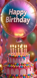 Festive birthday wallpaper with colorful balloon and cake.