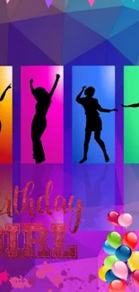 Colorful wallpaper with dancing silhouettes and balloons for a birthday celebration.