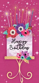 Birthday wallpaper with pink background, colorful flowers, and sparkles.