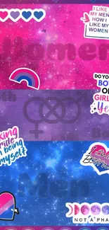 Vibrant bisexual pride wallpaper with hearts and empowering messages.