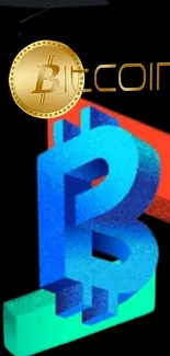 Vibrant Bitcoin logo with blue, red, and green colors on black background.