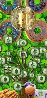 Bitcoin coin on vibrant money tree wallpaper with green background.