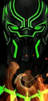 Black Panther mask with green neon accents on a black background.