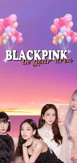 Blackpink themed wallpaper with sunset and balloons.