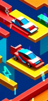 Vibrant digital art wallpaper with colorful block cars.