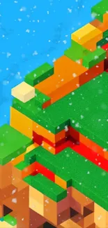 Colorful block puzzle wallpaper with geometric shapes and snow effect.