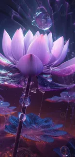 Purple lotus with bubbles in fantasy setting.