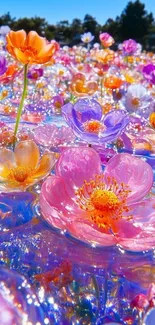 Colorful blooming flowers in a fantasy setting