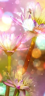 Pink water lilies with a colorful bokeh background.