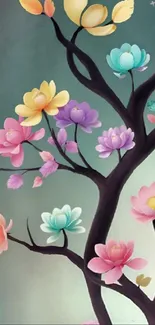 Elegant illustration of colorful blossoms on a dark branch set against a soft teal background.