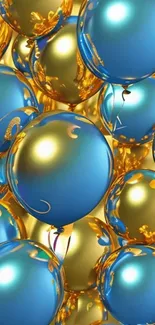 Colorful wallpaper with blue and gold balloons.