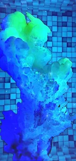 Vibrant abstract blue and green art with 3D cube background.