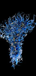 Vibrant abstract blue swirls on a black background.