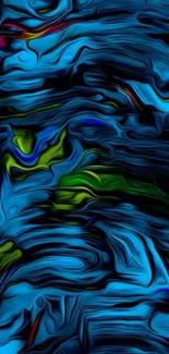 Vibrant blue abstract wallpaper with green swirls.