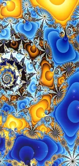 Vibrant fractal art wallpaper with blue and orange spiral patterns.