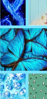 Vibrant blue collage with butterflies, ocean scenes, and inspirational quotes.