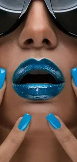 Electric blue lips and nails vibrant mobile wallpaper.