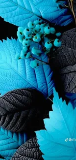 Vibrant blue and black leaves wallpaper for mobile.