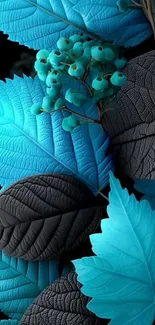 Blue and black textured leafy wallpaper.