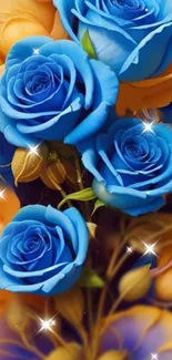 Vibrant blue roses with gold background and sparkles.