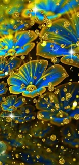 Vibrant blue and gold fractal design wallpaper with sparkling elements.