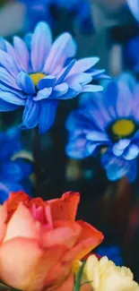 Vibrant blue daisies with a pink rose floral wallpaper.