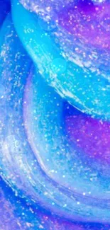 Abstract blue and purple swirl wallpaper with glittery effect.