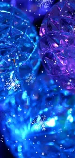 Vibrant blue and purple abstract wallpaper with snowflake accents.