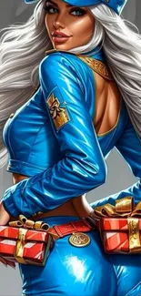 Stylish female anime character in blue attire with gifts.