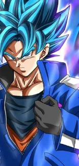 Anime hero with blue hair and aura in a vibrant and dynamic style.