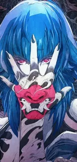 Vibrant anime wallpaper featuring a blue-haired character with a detailed mask.