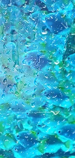 Blue art wallpaper with water droplets on glass.