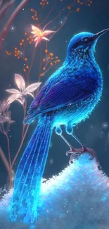 Glowing blue bird perched in a magical fantasy setting.