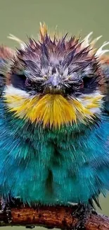 Vibrant blue bird with colorful feathers on a branch against green background.