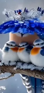 Blue birds sitting on snowy branch with vibrant colors.