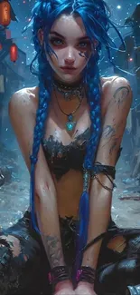 Fantasy blue-haired character with braided hairstyle in an urban setting.