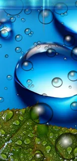 Vibrant wallpaper with water droplets on blue and green background.