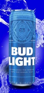 Blue Bud Light can with water splash effect as wallpaper.