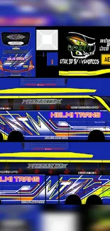 Dynamic blue bus wallpaper with vivid graphics and yellow accents.