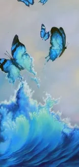 Blue butterflies soaring above ocean waves.