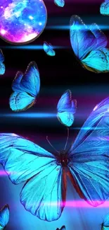 Blue butterflies with cosmic moon background wallpaper.