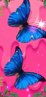 Vibrant blue butterflies on pink background with sparkles and floral designs.