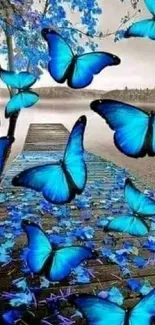 Blue butterflies near a calm lake with scenic pathway.