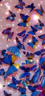 Blue butterflies with sparkles on soft pink background.