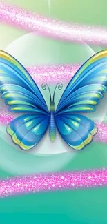 Vibrant blue butterfly with pink and green background.